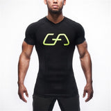 HETUAF  Quick Dry Slim Fit Tees Men Patchwork T-Shirts Compression Shirt Tops Bodybuilding Fitness V-Neck Short Sleeve T Shirt